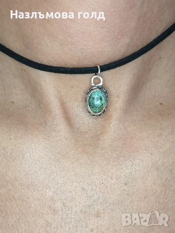 Сребърен чокър със зелен яспис, снимка 5 - Колиета, медальони, синджири - 50800668