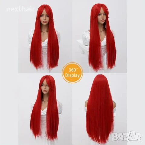 80 см Ярко червена права синтетична перука с дълъг бретон, снимка 7 - Аксесоари за коса - 50573481