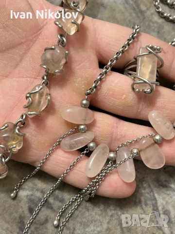 Дамски сребърен комплект с розов кварц 77 грама, снимка 5 - Бижутерийни комплекти - 52931506