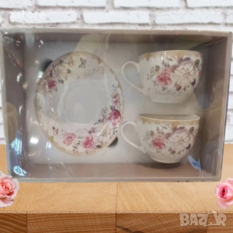 Подаръчен комплект от 2 броя порцеланови чаши за кафе 250ML с 2 чинийки, снимка 2 - Чаши - 52712606