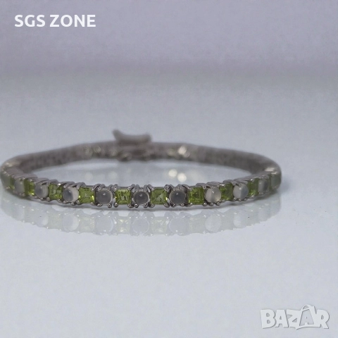 Ръчно изработена сребърна гривна с перидот и лунен камък, снимка 3 - Гривни - 52575999