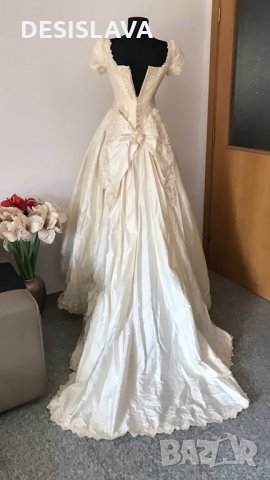 Сватбена булчинска рокля царствена естествена сурова коприна шампанско с шлейф, снимка 7 - Сватбени рокли - 26436671