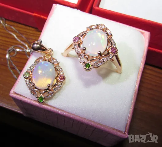 925 сребърен комплект с огнени опали пръстен и колие, подходящи за подарък, снимка 3 - Пръстени - 50072882