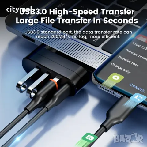 4-портов USB 3.0 хъб сплитер въртящ се на 180°, за лаптоп, таблет, принтер, снимка 4 - Други - 50318566