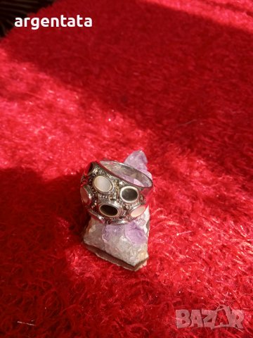 Масивен сребърен пръстен със седеф, оникс и маркизети, снимка 3 - Пръстени - 36690338