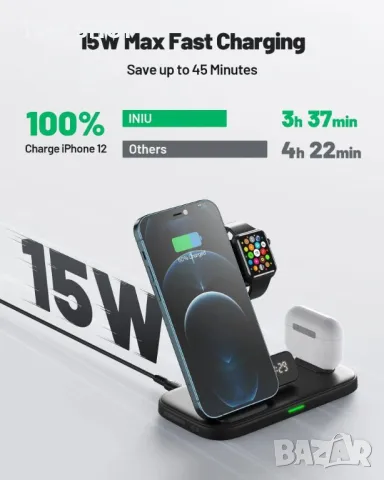 INIU I220 Qi-сертифицирано 3 в 1 бързо безжично зарядно устройство, снимка 3 - Друга електроника - 48763361