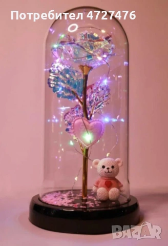 Романтична стъкленица с роза, мече и LED светлини, снимка 3 - Подаръци за жени - 53341617