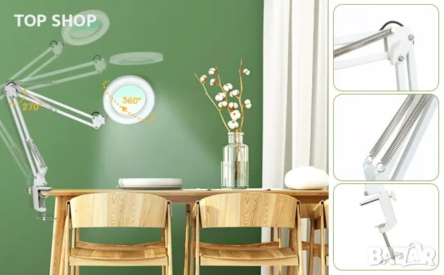 Увеличителна LED настолна лампа 8X лупа 3 цветни режима лампа за маникюр ноктопластика козметична, снимка 5 - Продукти за маникюр - 48938392