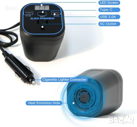 Преобразувател за захранване, адаптер за зарядно за кола с 3.0A двоен USB и Type-C,12V/24V към 220V, снимка 8 - Аксесоари и консумативи - 48462605