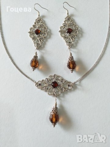 Разкошен комплект бижута с шоколадово кафяви фасетирани капка кристали и орнаменти в цвят Сребро , снимка 5 - Бижутерийни комплекти - 38374199