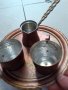 Стар кован сервиз мед върху меден поднос за2 кафета, снимка 1