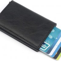 Кожен портфейл с държач за кредитни карти от алуминий с RFID защита - Черен, снимка 1 - Портфейли, портмонета - 39781440