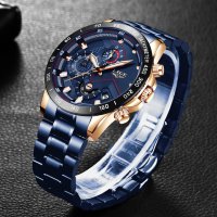 Lige Gold Blue 9982 Луксозен мъжки кварцов часовник с метална верижка, снимка 2 - Мъжки - 40194134