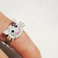 Дамски сребърен пръстен нежен и красив със сладко котенце, котка - цялото в камъни, снимка 4 - Пръстени - 32467292