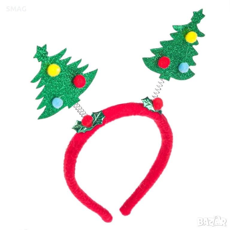 Коледна диадема Зелени елхи с глитер_1181459, снимка 1