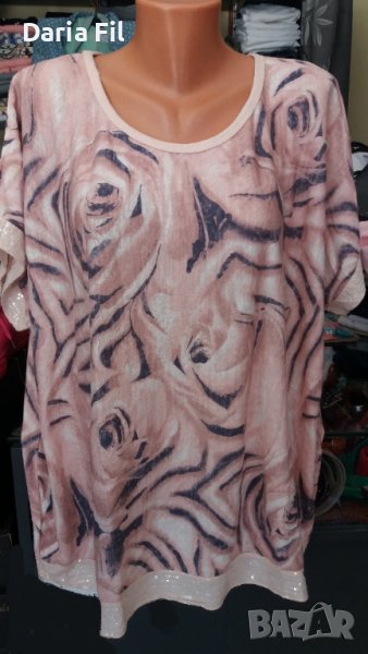 Блуза от рехаво и фино еластично плетиво в розови шарки с пайети по края на ръкавите , снимка 1