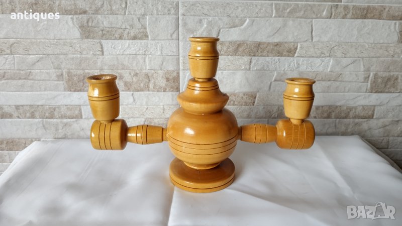 Стар троен дървен свещник - Антика, снимка 1