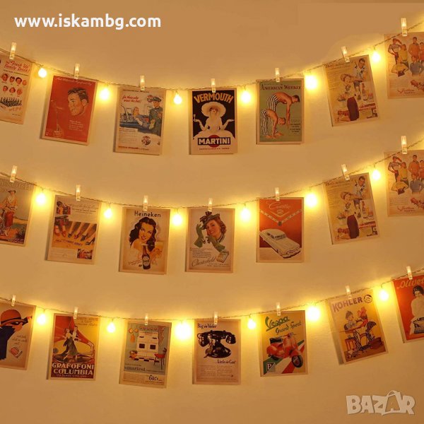 Гирлянд светещи щипки за снимки с 50 броя лед диоди в топъл жълт цвят, 5 МЕТРА - КОД 3812, снимка 1