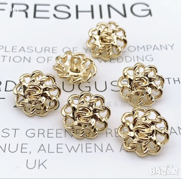 Луксозни златисти метални копчета, диаметър: 20мм/2см, за зашиване, цвете/флорални, снимка 1