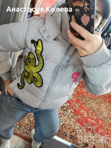 Зимно дамско яке с апликации сиво, снимка 3 - Якета - 52680663