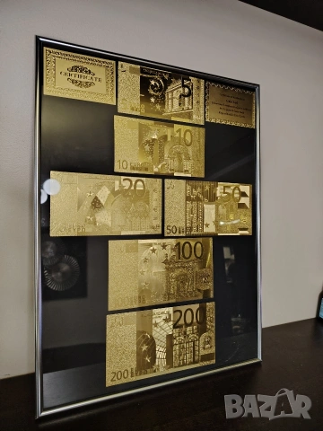 Колекция от позлатени Евро банкноти в сребриста рамка., снимка 4 - Картини - 53157754