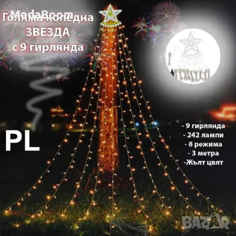 Голяма коледна ЗВЕЗДА с 9 гирлянда за елха или градинска украса, снимка 2 - Други - 48042477