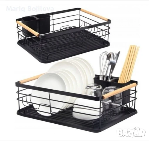 Сушилник за съдове Rosberg, 1 ниво, 43x31.5x14 см, Бежов/Черен, с дървени дръжки, снимка 7 - Други - 50312529