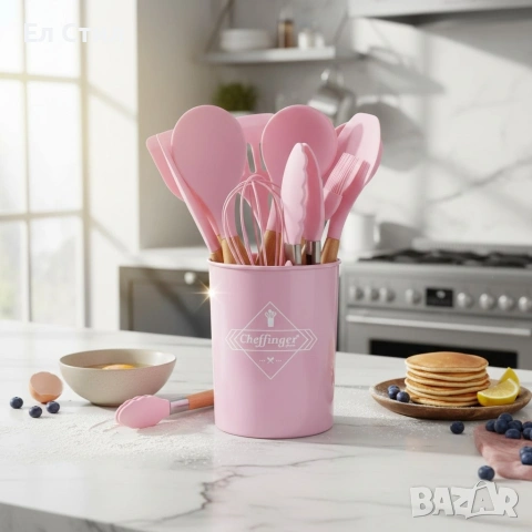 Комплект 12 части кухненски прибори със стойка–силиконови накрайници, дървени дръжки, снимка 16 - Прибори за хранене, готвене и сервиране - 53572991