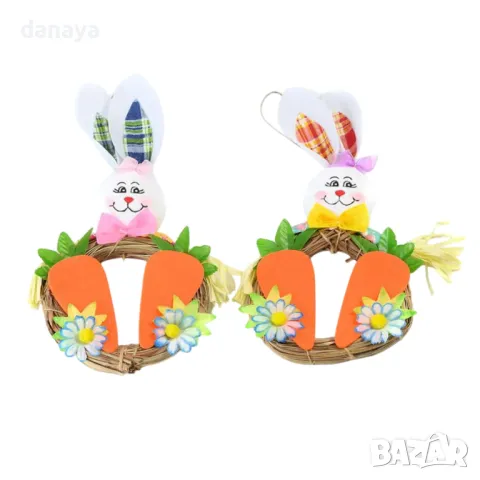 5828 Великденски венец Зайче с моркови, 33см, снимка 2 - Декорация за дома - 49569961