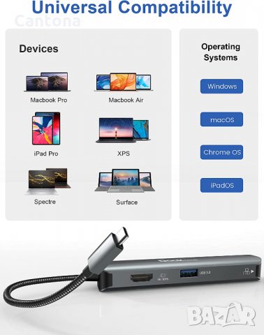 Dockteck USB C хъб, HyperExtended 5-в-1 докинг, 4K 60Hz HDMI, 3хUSB 3.0, снимка 6 - Други - 35109111