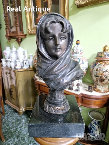Страхотен антикварен френски бронзов бюст с основа от гранит , снимка 2 - Антикварни и старинни предмети - 48867536