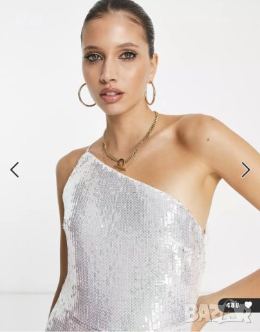 Pretty Lavish дълга рокля с пайети, сребрист/бяла, едно рамо, р-р S, снимка 9 - Рокли - 43857189