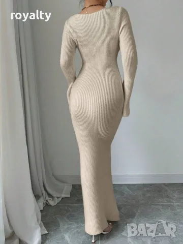 Плетена рокля с флорална бродерия в цвят Каки, снимка 2 - Рокли - 49205836