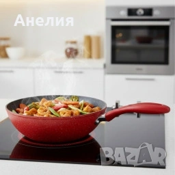 Уок тиган Voltz OV54420A28 Ø28 см – мраморно незалепващо покритие, индукционен, червен