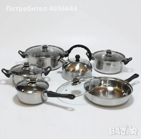 Комплект от 12 части за всяка кухня. 3бр тенджери, тиган, касерола и чайник и капаци, снимка 3 - Съдове за готвене - 53596868