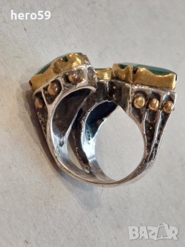 Стар сребърен дамски пръстен с три огромни изумруда, снимка 7 - Пръстени - 43959241