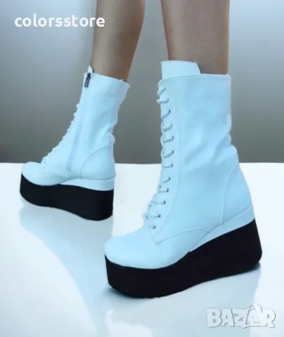 Боти на платформа - бяла кожа с черно ходило - VP1