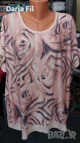 Блуза от рехаво и фино еластично плетиво в розови шарки с пайети по края на ръкавите , снимка 1 - Корсети, бюстиета, топове - 38778039