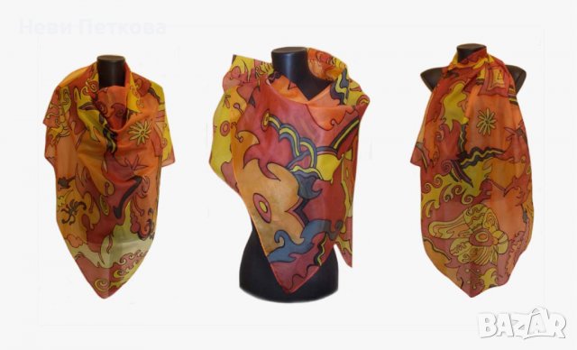 Рисуван копринен шал ВИТРАЖ 2, снимка 5 - Шалове - 37960356