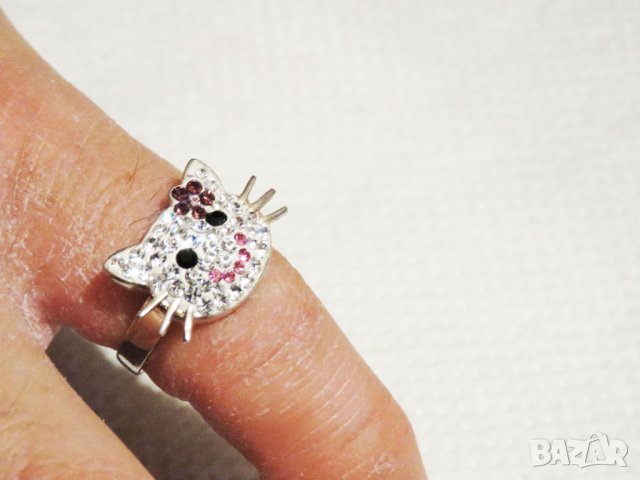 Дамски сребърен пръстен нежен и красив със сладко котенце, котка сребро, снимка 4 - Пръстени - 32467292