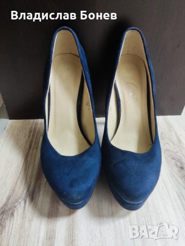 Сини велурени токчета, снимка 2 - Дамски обувки на ток - 43158950