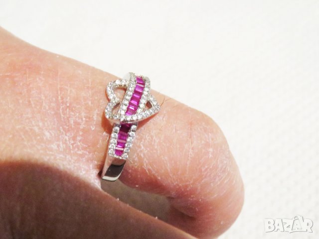 Дамски сребърен пръстен - Нежен красив сребърен пръстен със сърце цялото в камъни - сребро, снимка 3 - Пръстени - 32467315