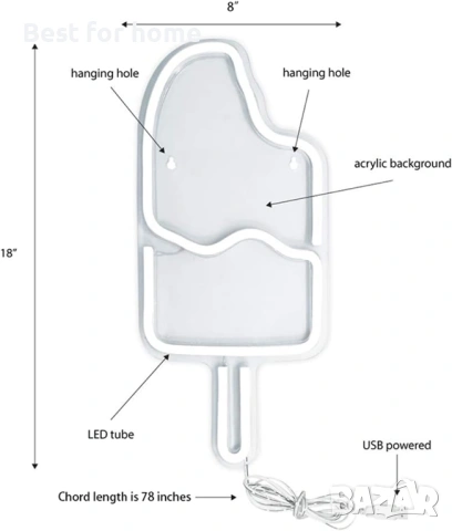 LED Неонов надпис "Сладолед" (Popsicle) – Акрилна декорация за стена, USB захранване, снимка 7 - Декорация за дома - 53250009