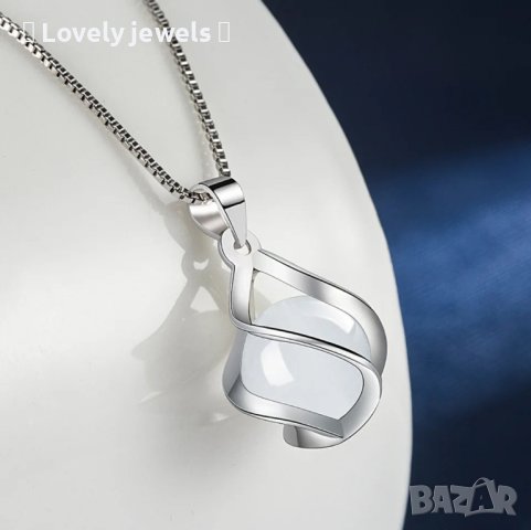 Сребърна висулка с бял опал със синджирче , снимка 3 - Колиета, медальони, синджири - 43428631