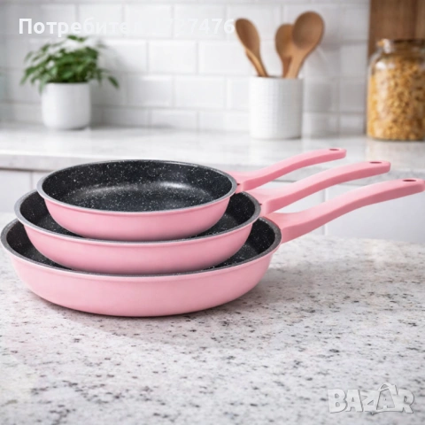 Комплект тигани Cheffinger розово с мраморно покритие – 3 части за всяка кухня - розов цвят, снимка 3 - Съдове за готвене - 53342843