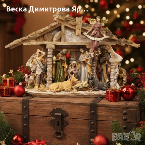 Декоративна сцена на Рождество с дървена постройка и фигурки – Светото семейство и ангел GLORIA