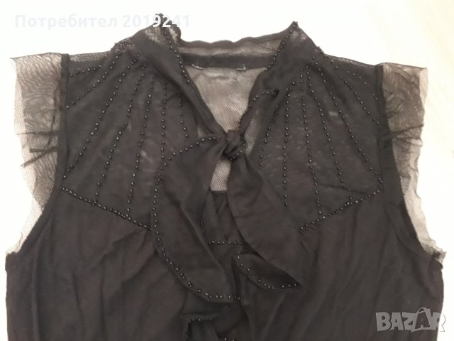 Черна блуза с дантела и перли , снимка 4 - Тениски - 28354365