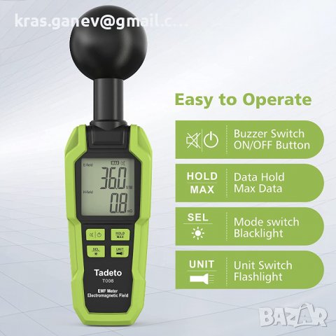 EMF Meter Tadeto EMF Meter с 3 чипа за 360° измерване LCD подсветка Голям екран EMF метър с факел, о, снимка 7 - Други - 37133715