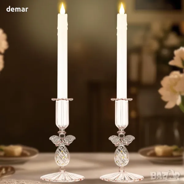 Безпламъчна конична свещ SuJolly с винтидж стъклена поставка, 2 броя, розово злато, снимка 1