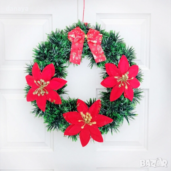 6134 Коледен венец за врата с червени цветя и панделка, 27 см, снимка 1